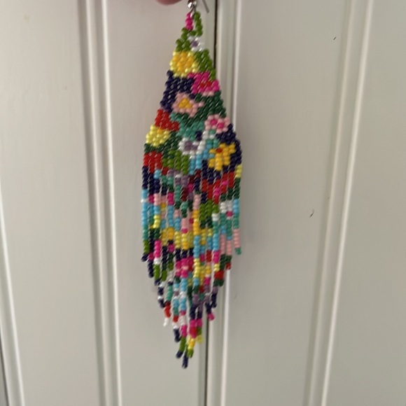 Handmade Navy Rainbow Floral Seed Bead Dangle Earrings - Picture 10 of 11